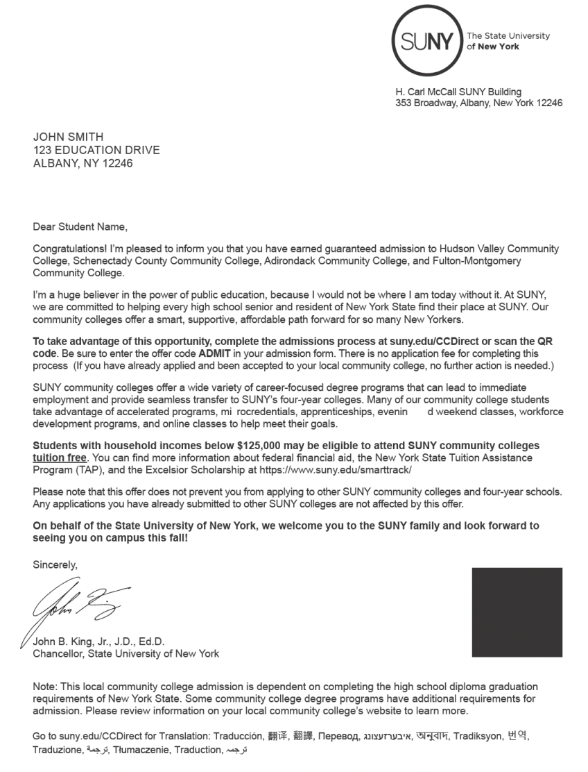 An example of a direction admission letter.