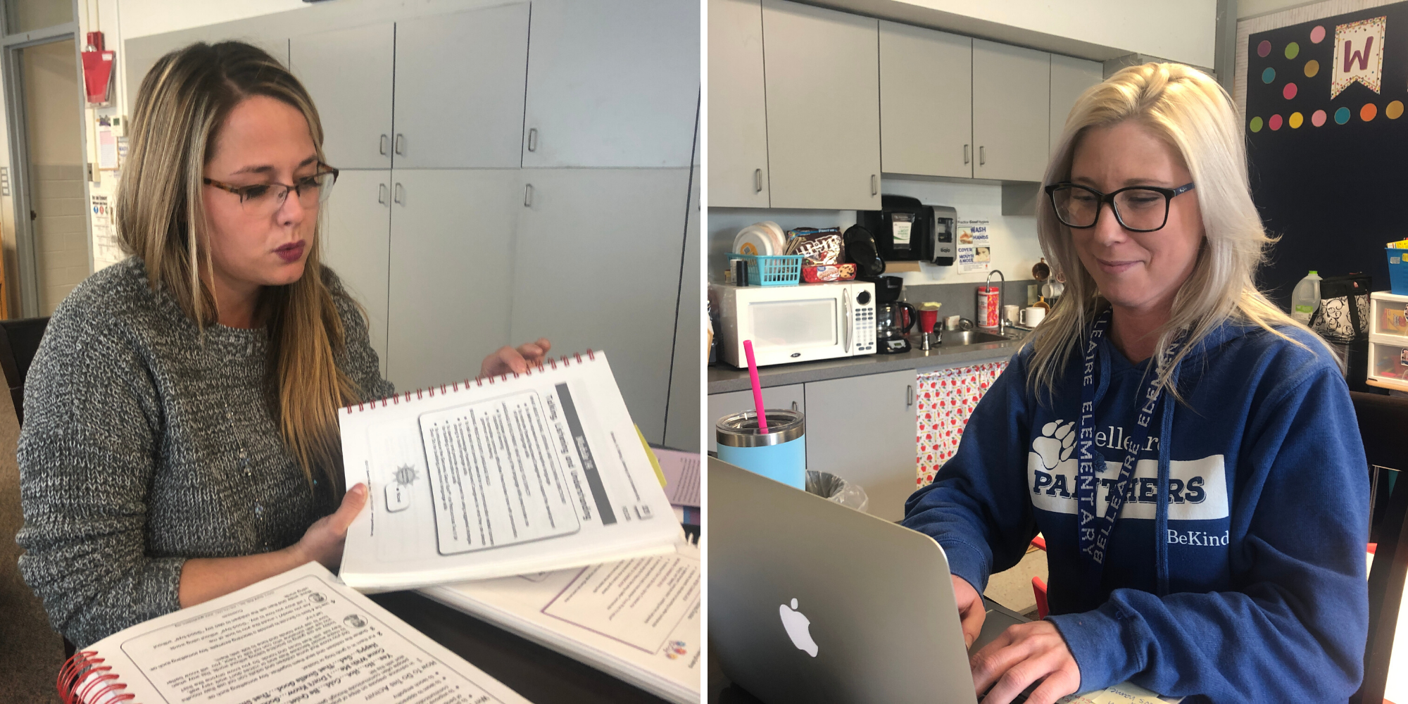 Left: Breanna Gruhn-McLaughlin, the family facilitator at Belleaire Elementary; Right: Meghan McCormack is the home visitor at Belleaire Elementary. Credit: Sharon Lurye.