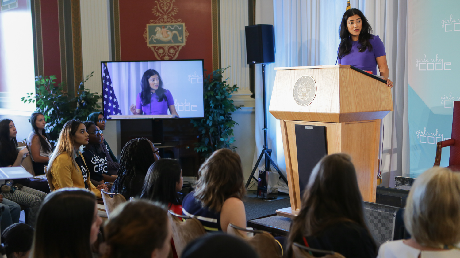 Girls Who Code founder and CEO Reshma Saujani speaks to girls and women in tech, along with about a dozen congresswomen, to kick off an event at the Library of Congress on July 10. (Lawrence Jackson for Girls Who Code)