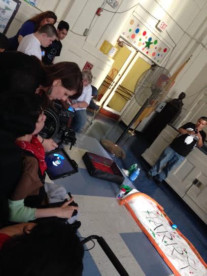 A. Harry Moore faculty members lead high school students in a STEAM art activity with Sphero the Robot that is shared in a video hangout with Toms River students.