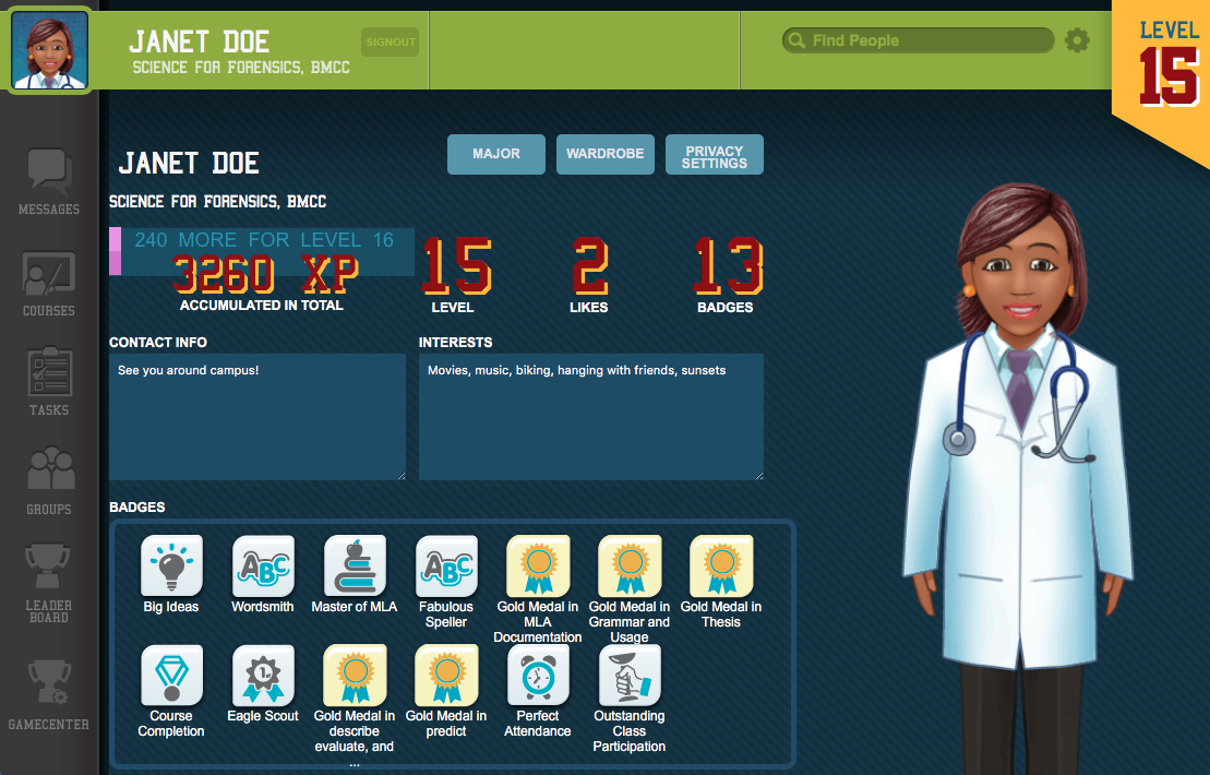 The Levelfly game-based learning platform includes a profile page that enables users to view and share information about themselves.