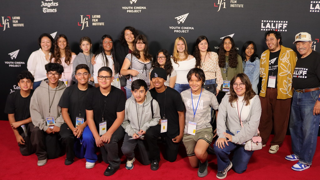 Student filmmakers with the Youth Cinema Project pose on the red carpet with actor Edward James Olmos (far right) at the Los Angeles Latino International Film Festival in May 2025. Photo courtesy of the Latino Film Institute.