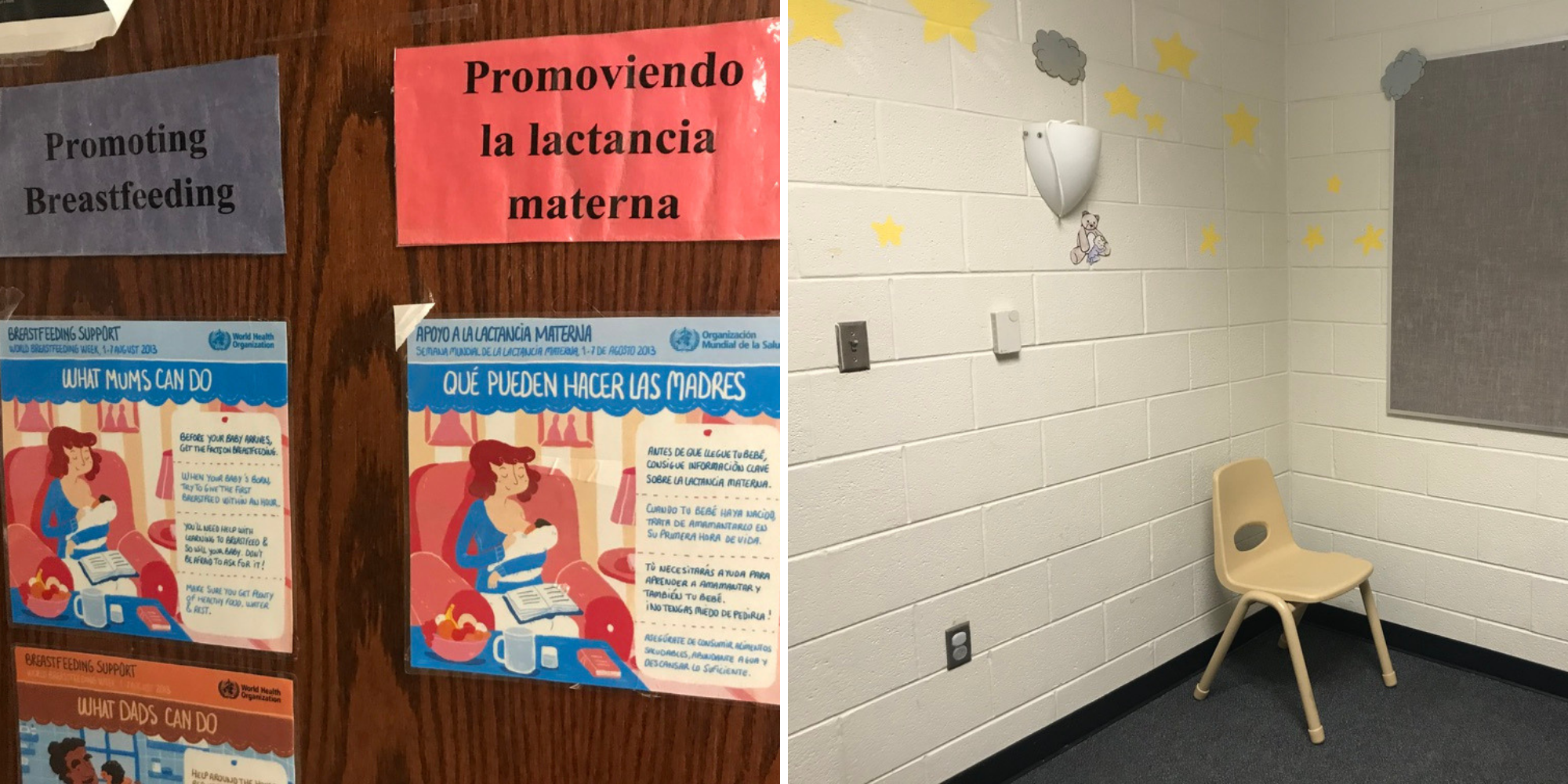 Bilingual signs promoting breastfeeding cover a door near the lactation room for young mothers. Image credit: Emily Tate