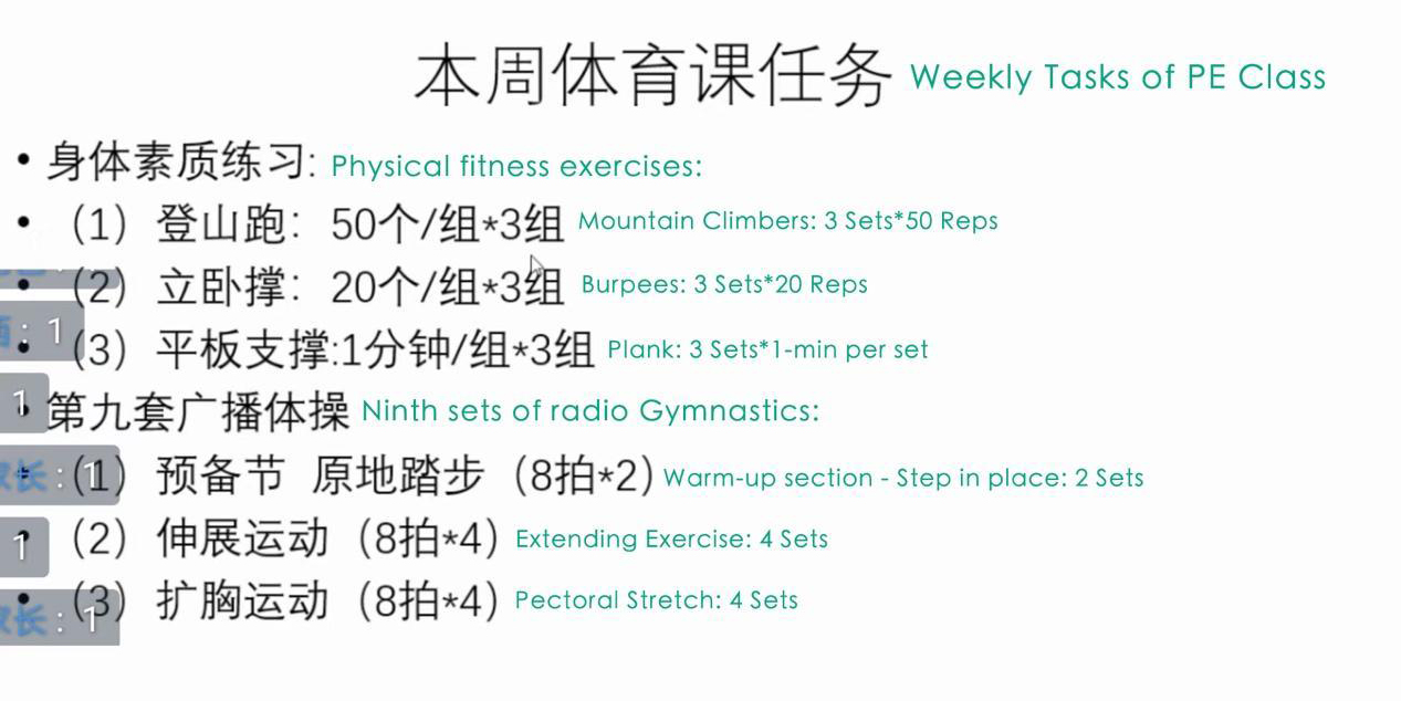 Screenshot of exercises for online PE class. (Source: Tang)