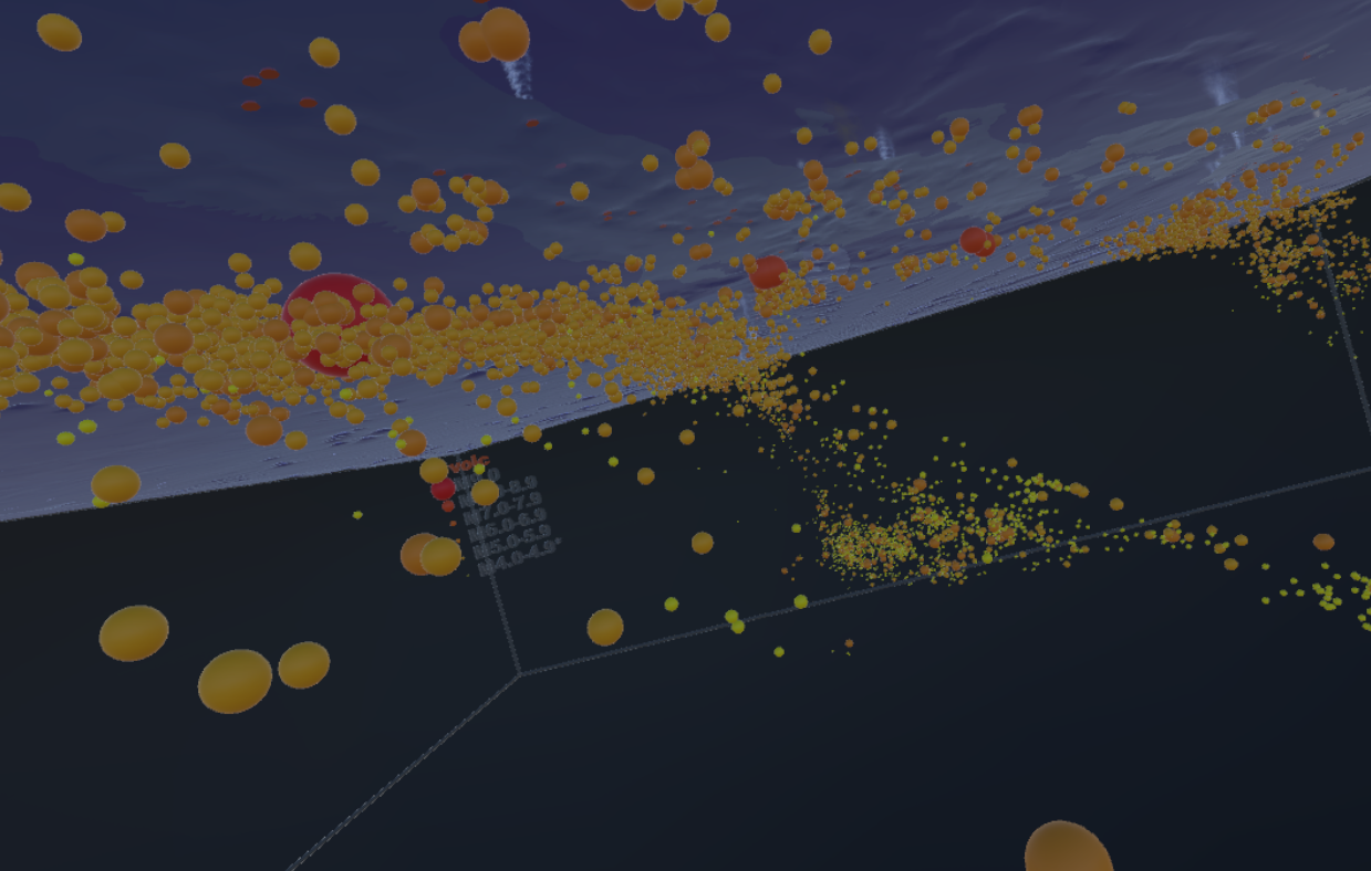 Dots represent aftershocks in this 3D earthquake model. Image credit: Paul Low