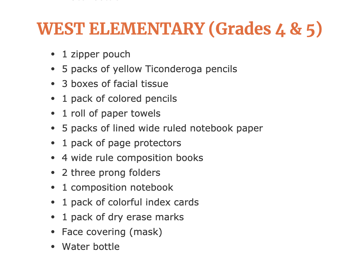 The school supply list of an elementary school in the Starkville Oktibbeha School District.