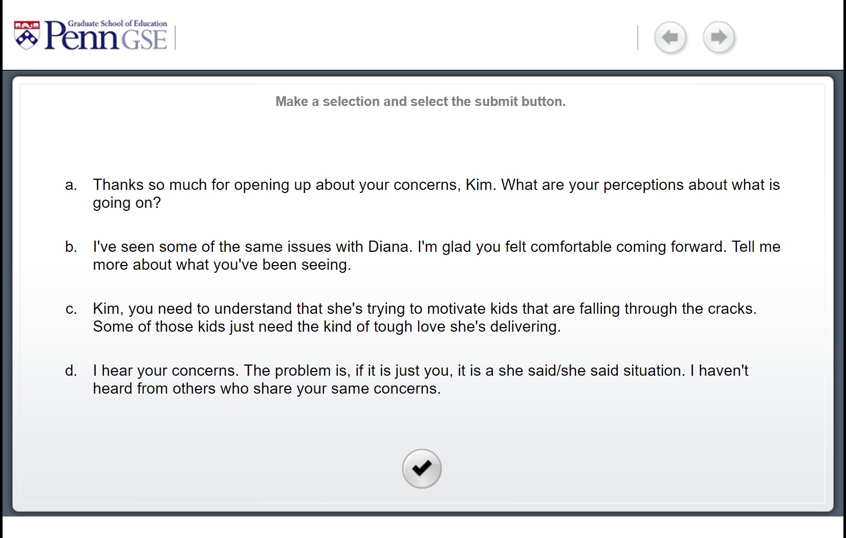 Dialogue options in a bullying teacher scenario in Ed Leadership Sims. (Image: Ed Leadership Sims)