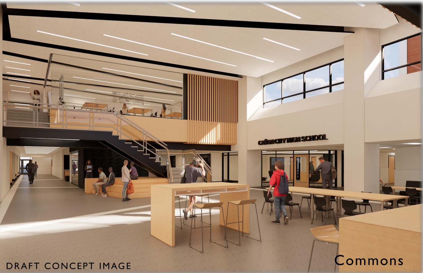 A draft concept for Cañon City High School that imagines a new commons and gathering hub. Photo courtesy of Wold.