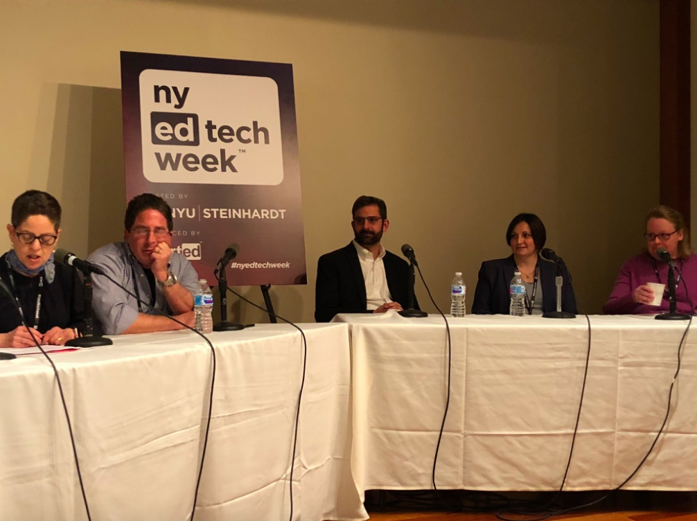 Bart Epstein, seated in the middle of a panel on edtech efficacy at NYEdtech Week, December 2017, Photo Credit: Jenny Abamu