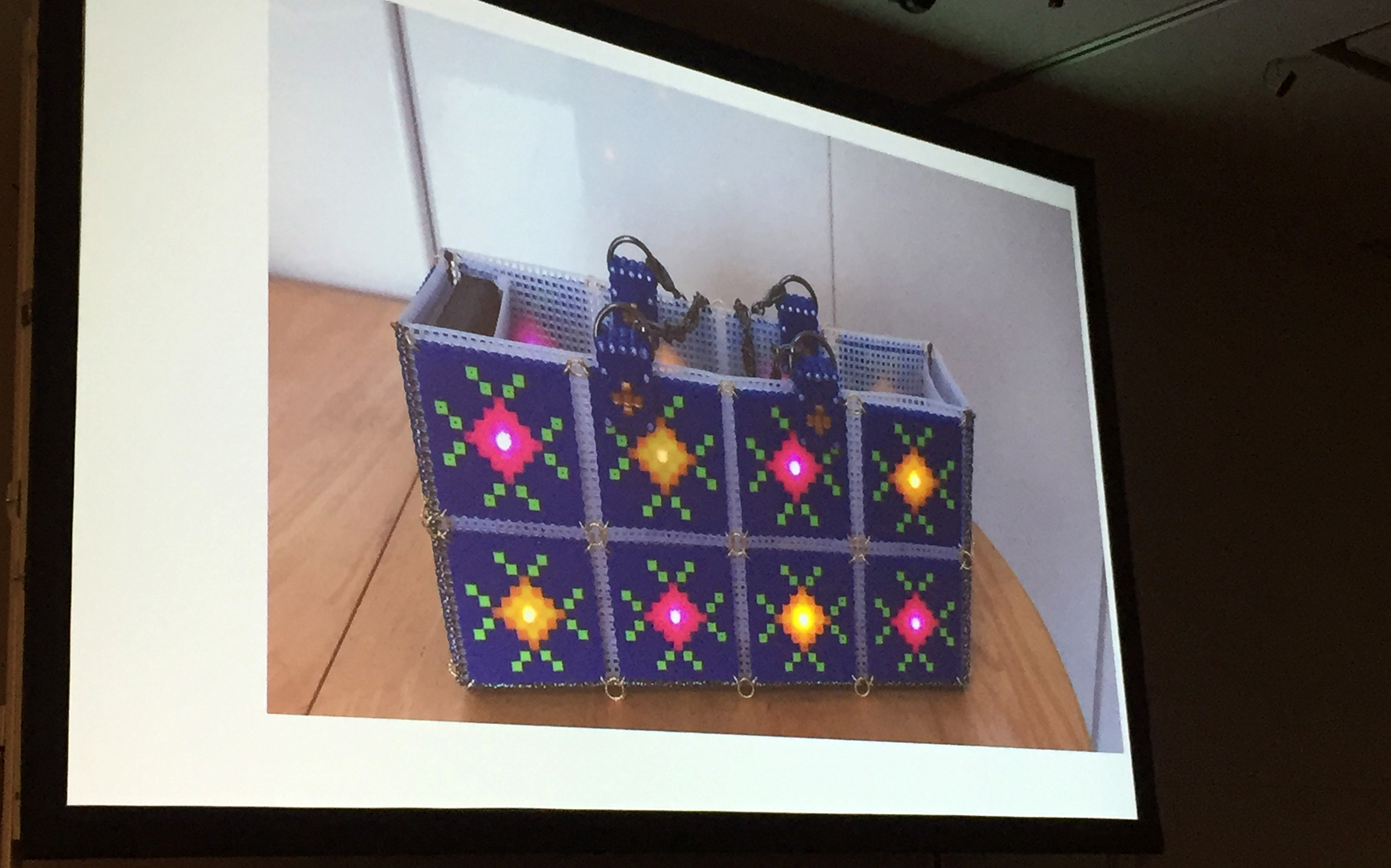 The handbag Masako Wakamiya designed and programmed with LED lights.