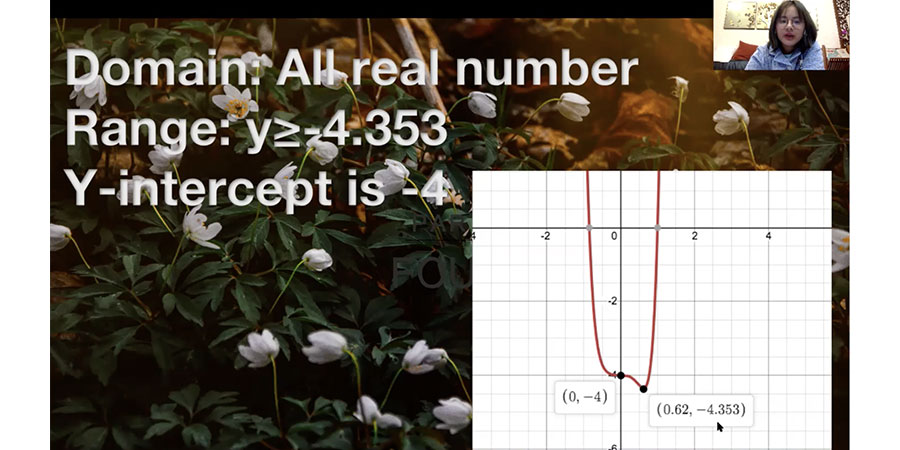 Algebra 2 student Lisa Li Xiangning uses Desmos and video recording software to demonstrate a mathematical function to her classmates. (Photo credit: Leland Anderson)