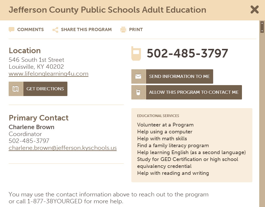 An agency listing on the National Literacy Directory website