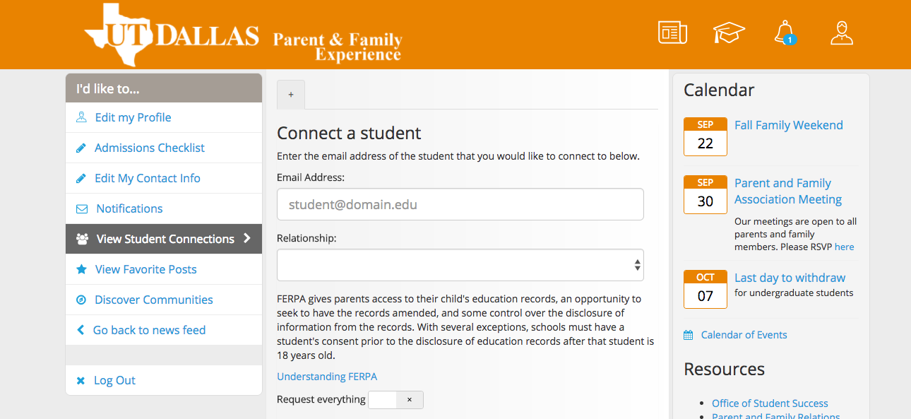 College-specific portals give parents the option to request student information.