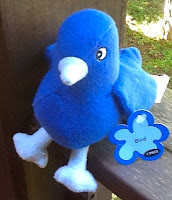 A stuffed "Twitter bird" helps students learn to share safely