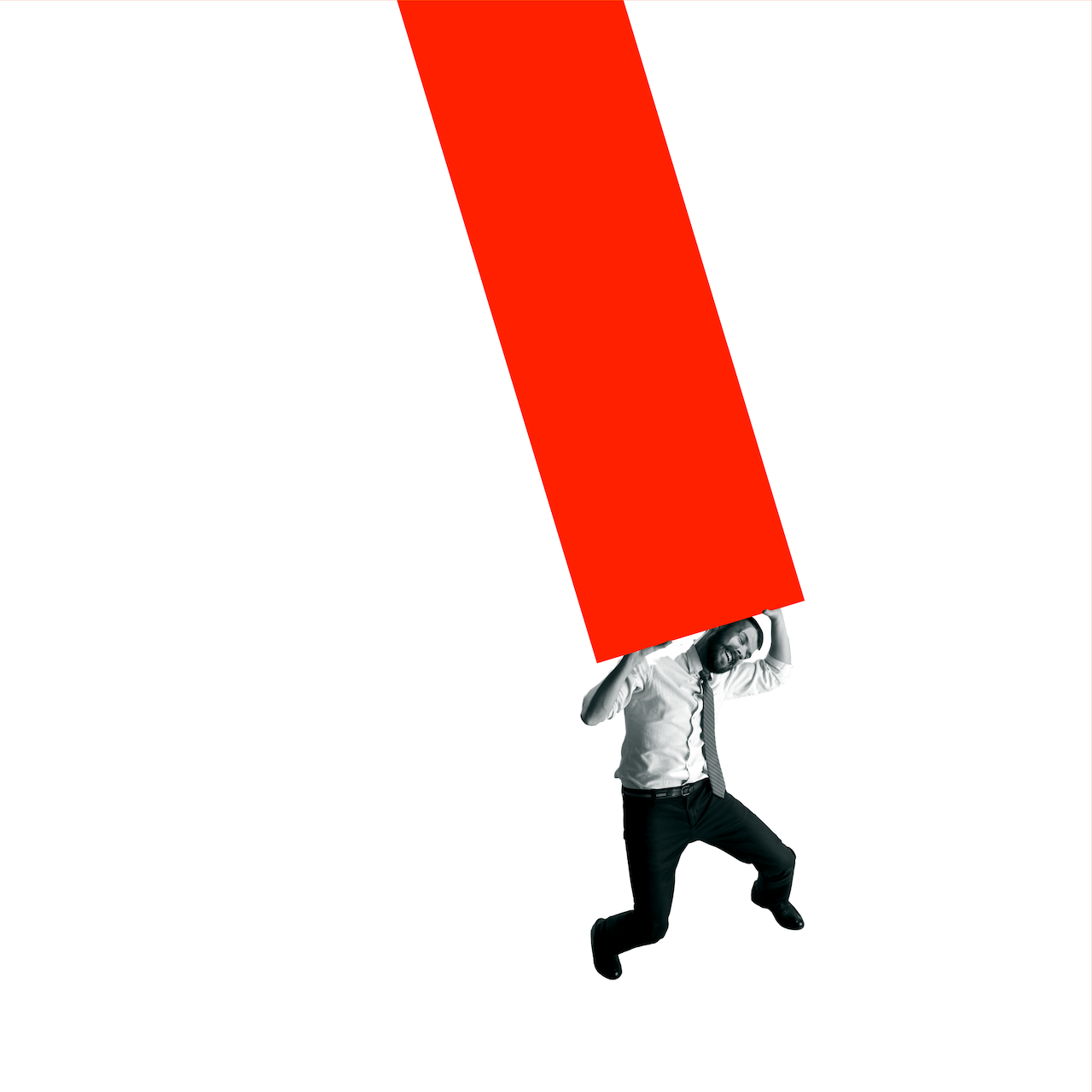 man squashed under red bar