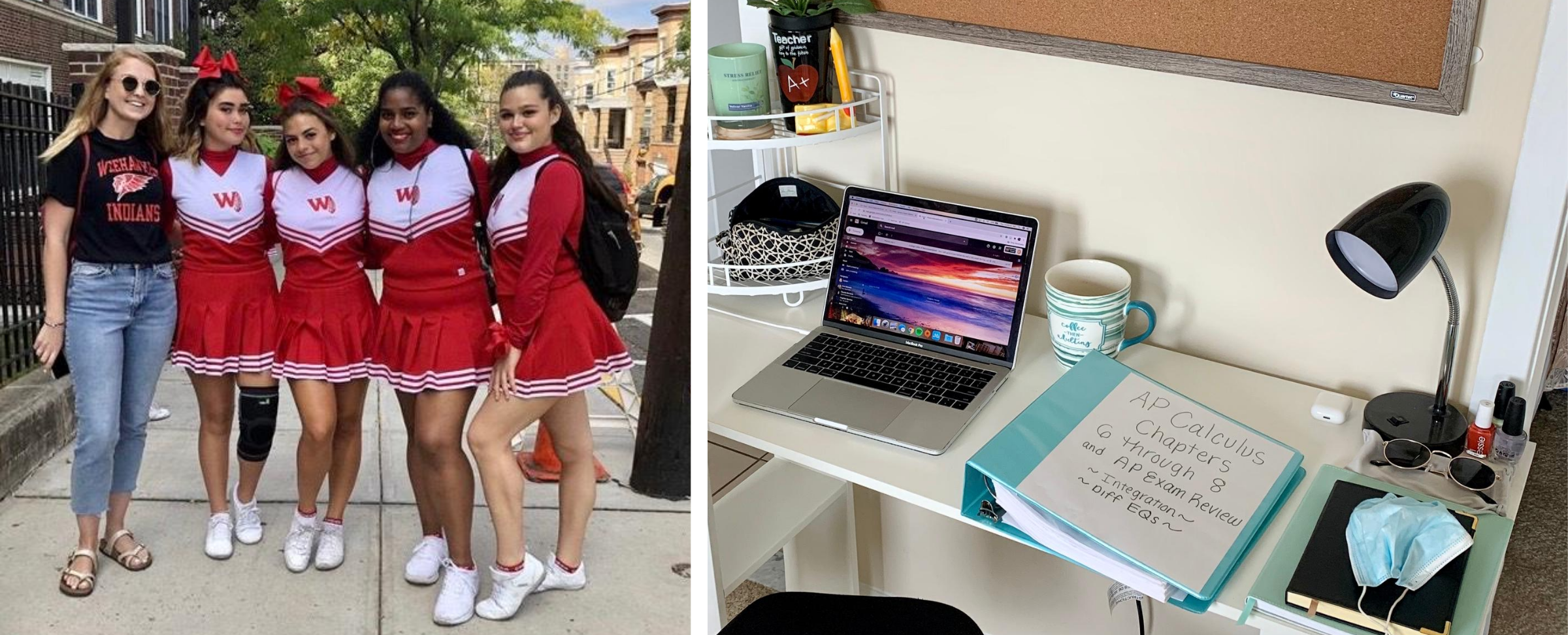 Left: Lauren Bayersdorfer with students from her cheerleading squad before the pandemic. Right: Bayersdorfer’s remote teaching setup. (Courtesy of Lauren Bayersdorfer)