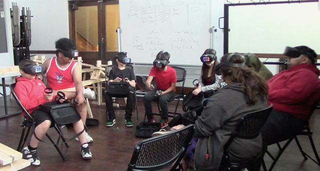 American Indian youth learning from a tribal elder in a VR video. Photo courtesy of Jared Ten Brink.