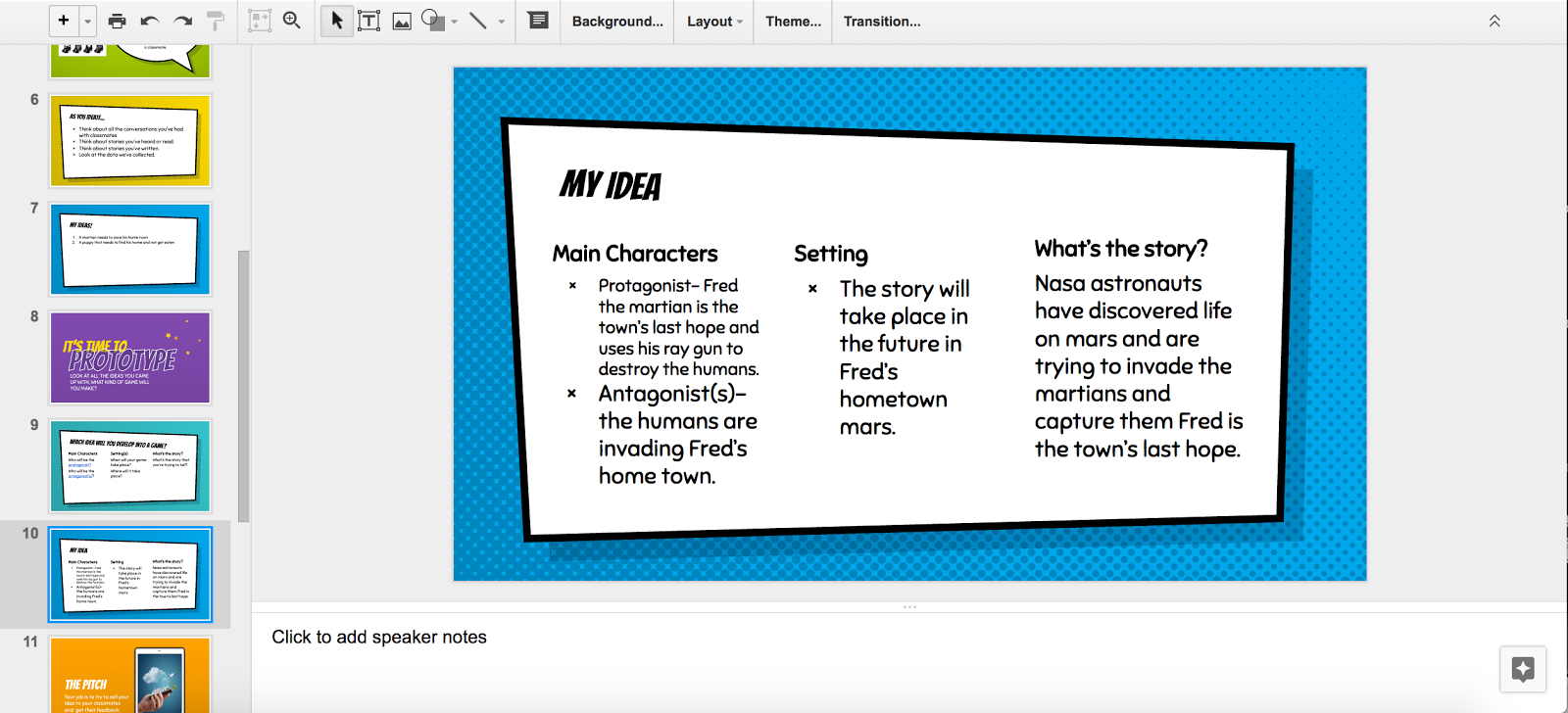 Using Google Slides, students created pitches for their games.