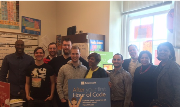 Microsoft and DCPS staff join visiting game developers from Radiant Games at Cardozo Education Campus.