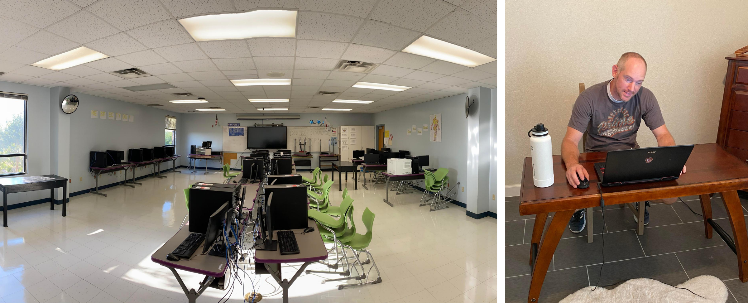 Left: Steve Middleton's seventh grade classroom in San Antonio, Texas. Right: Middleton's remote teaching setup at home. (Courtesy of Steve Middleton)