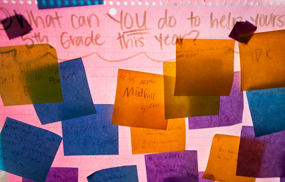 The handwritten question from the teacher on the top of the poster says, “What can YOU do to help yourself in 5th grade this year?” One answer from a student stands out: “Be more mindful.” ⚡