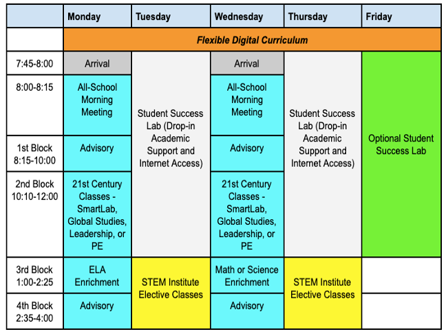 (M/W are on-campus days; T/TH/F are optional programming days)