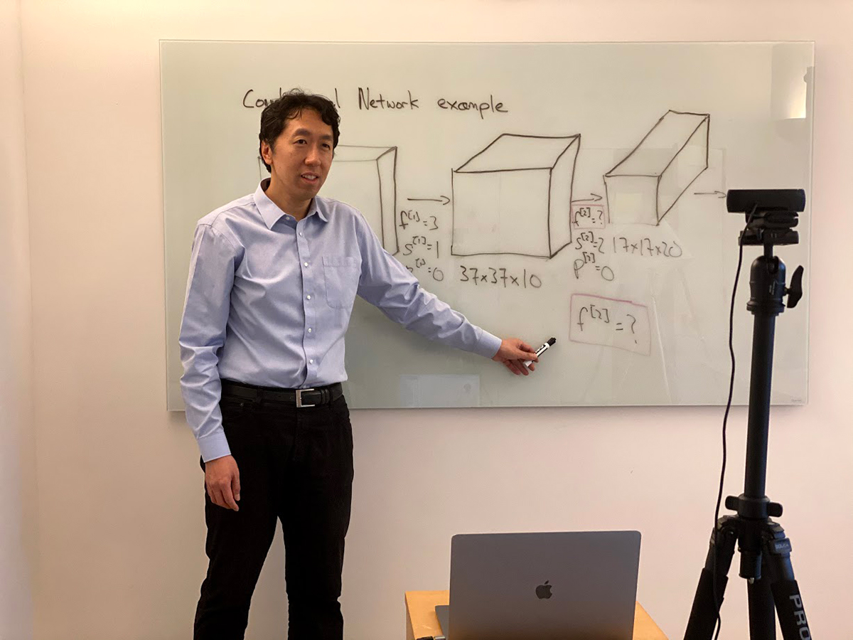 Andrew Ng teaching from home easel whiteboard setup