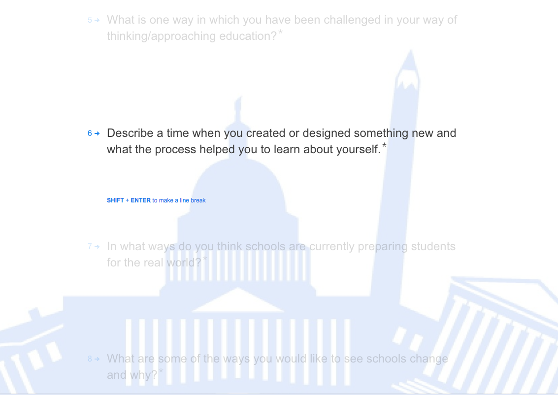Snapshot of questions from the Capitol Learning Academy application process, Image Credit: Alexandra Roosenburg