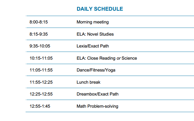 Example schedule created by Cadence Learning, showing how a typical school day may be structured.