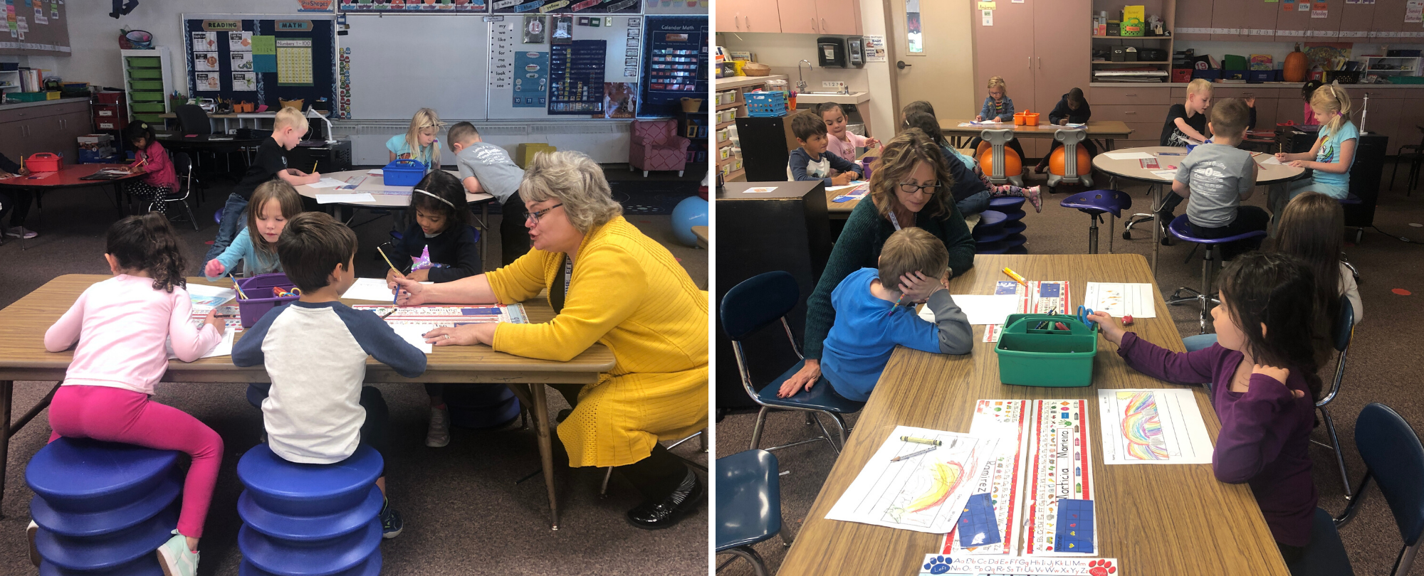 Left: Pam Helmick with kindergarten students; Right: Mary Beth Pistillo works with students during writing time in Helmick's class. Credit: Sharon Lurye