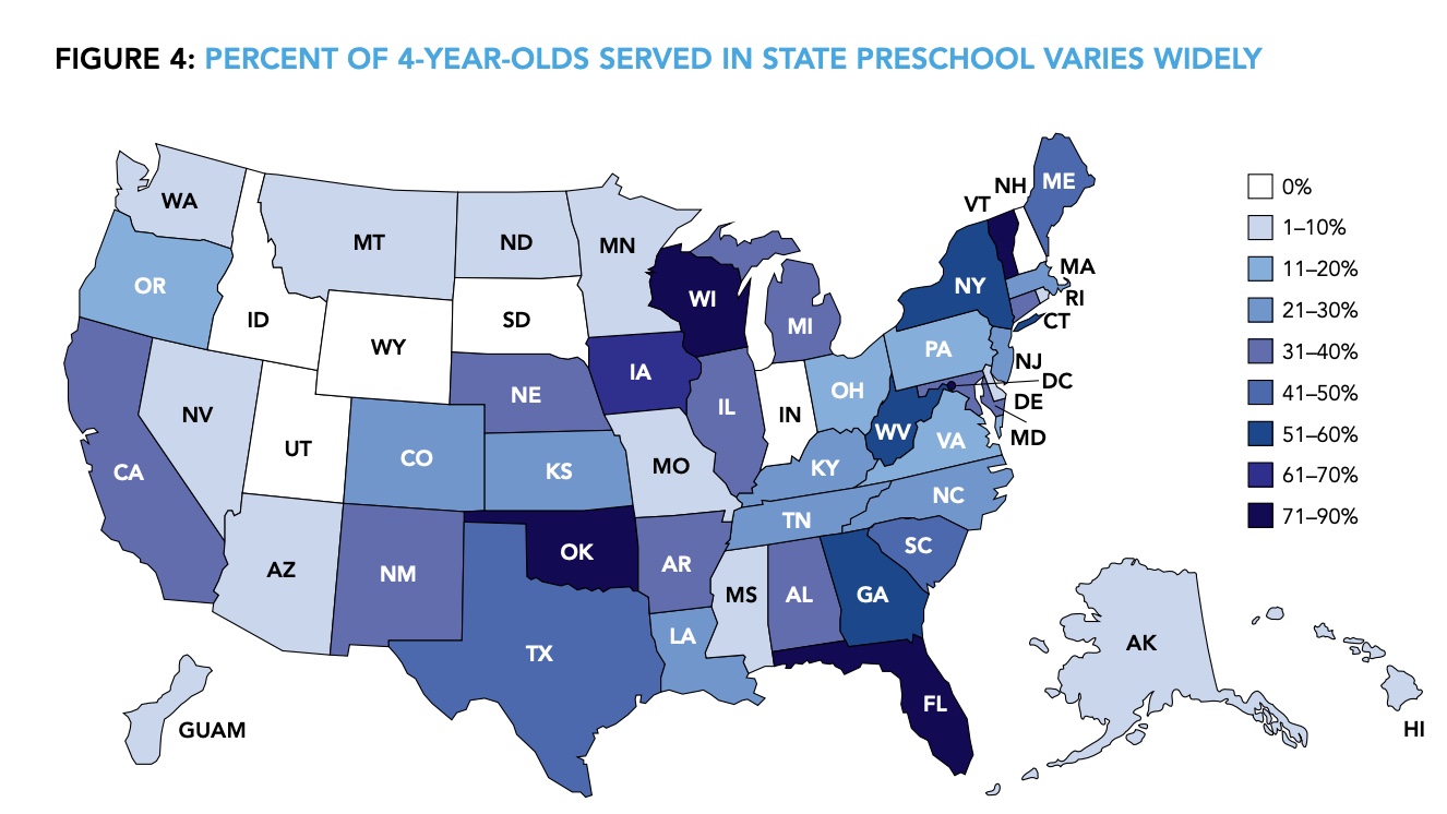 The percent of 4-year-olds served in state-funded preschool, by state. ( NIEER )