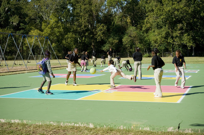 Recess may involve kids playing in activity zones in special sections of the playground. (Source: Peaceful Playgrounds)