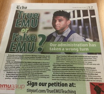 Ad placed by faculty groups at Eastern Michigan University