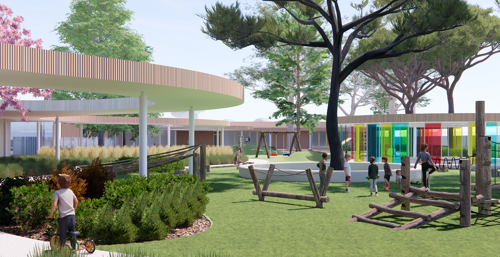 Outdoor play area design for the Cardinal Child Care Center; Courtesy of LPA Design Studios