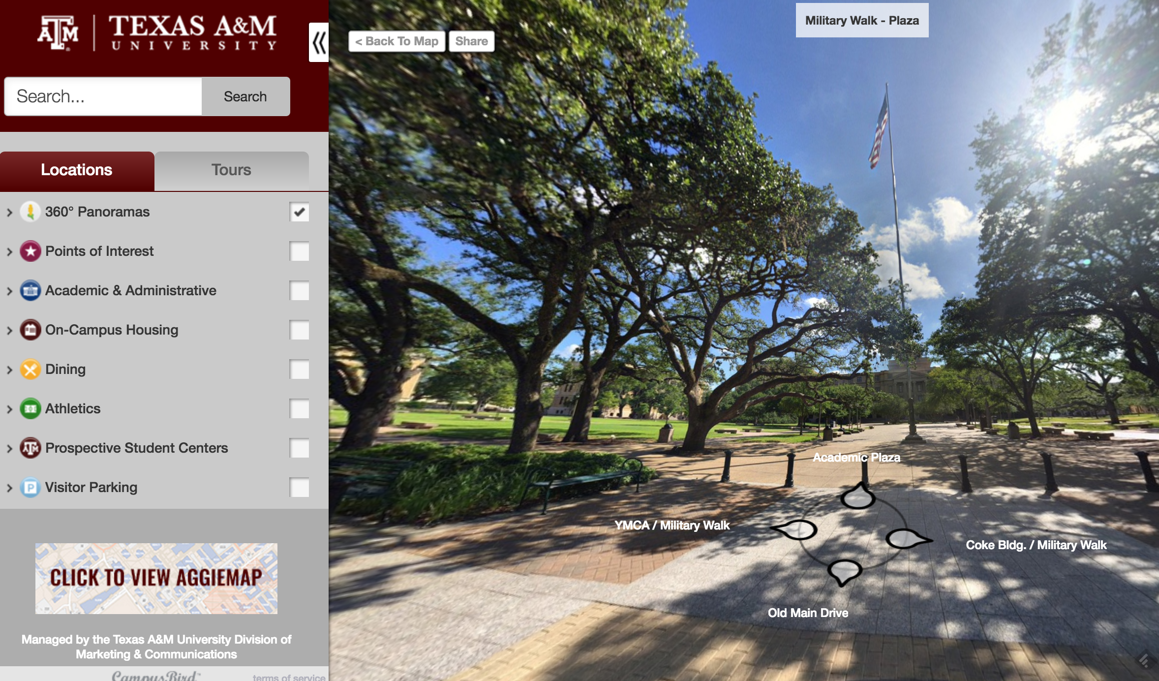 Texas A&M adds 360-degree "panos" to certain locations on its map. Image Credit: CampusBird