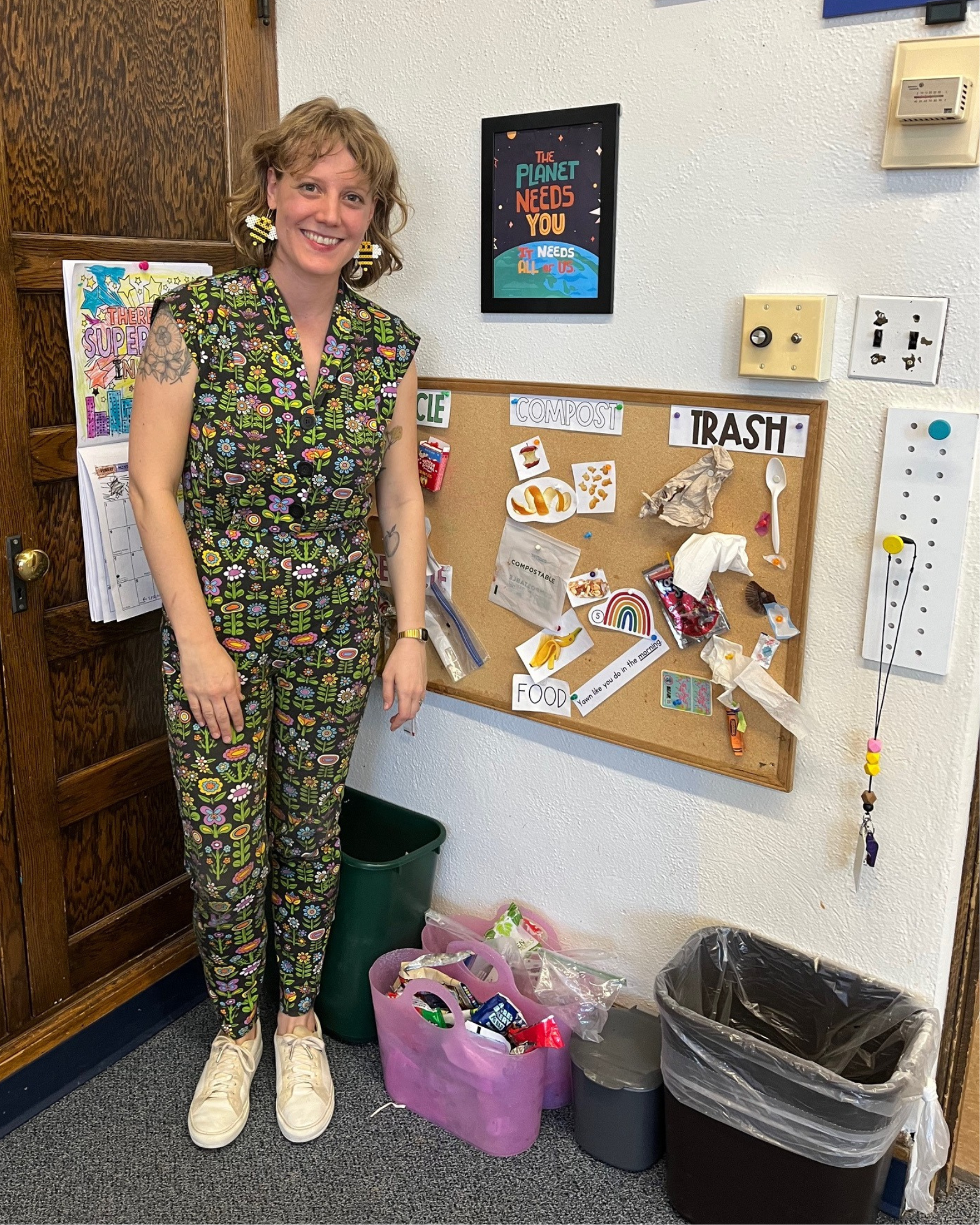 Heidi Rose, a first grade teacher at Lincoln Elementary School in Denver, Colorado, at her classroom's waste-sorting station. Photo by Emily Tate Sullivan.