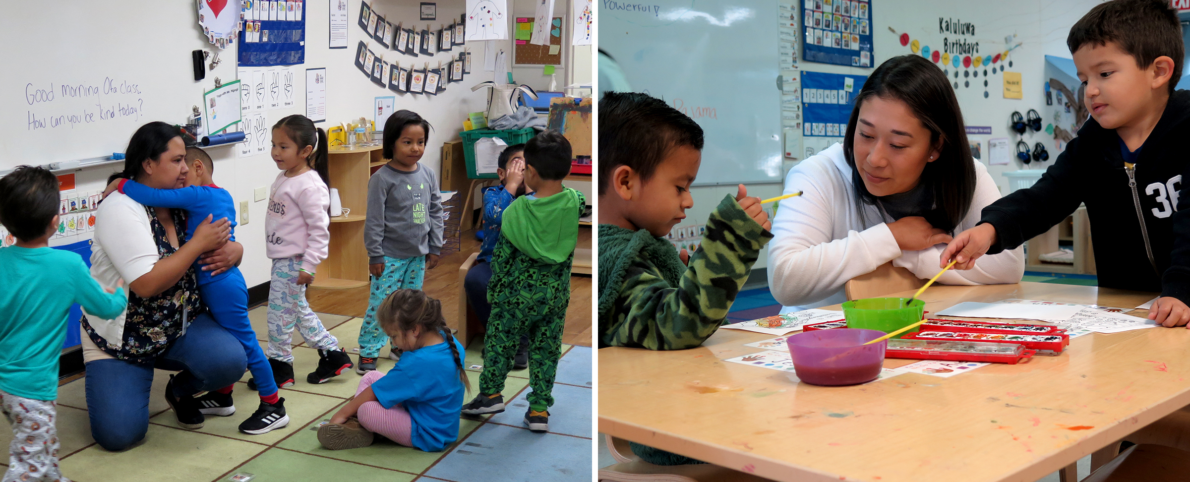 Left: Karen Melendez consoles a child. Right: Martha Paramo Garcia works with her students. (Photo credit: Tony Wan)