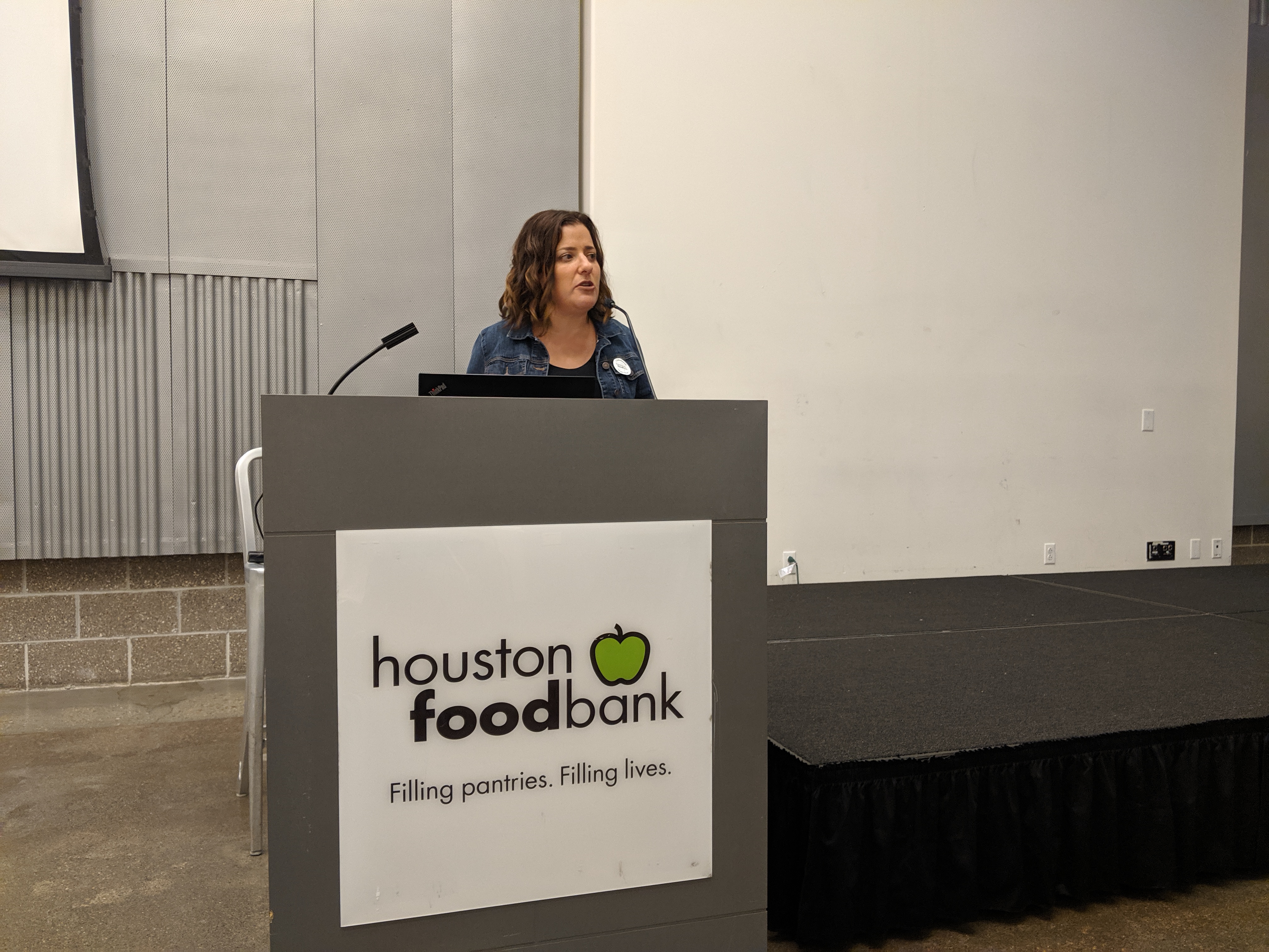 Sara Goldrick-Rab addresses college leaders at the Houston Food Bank.