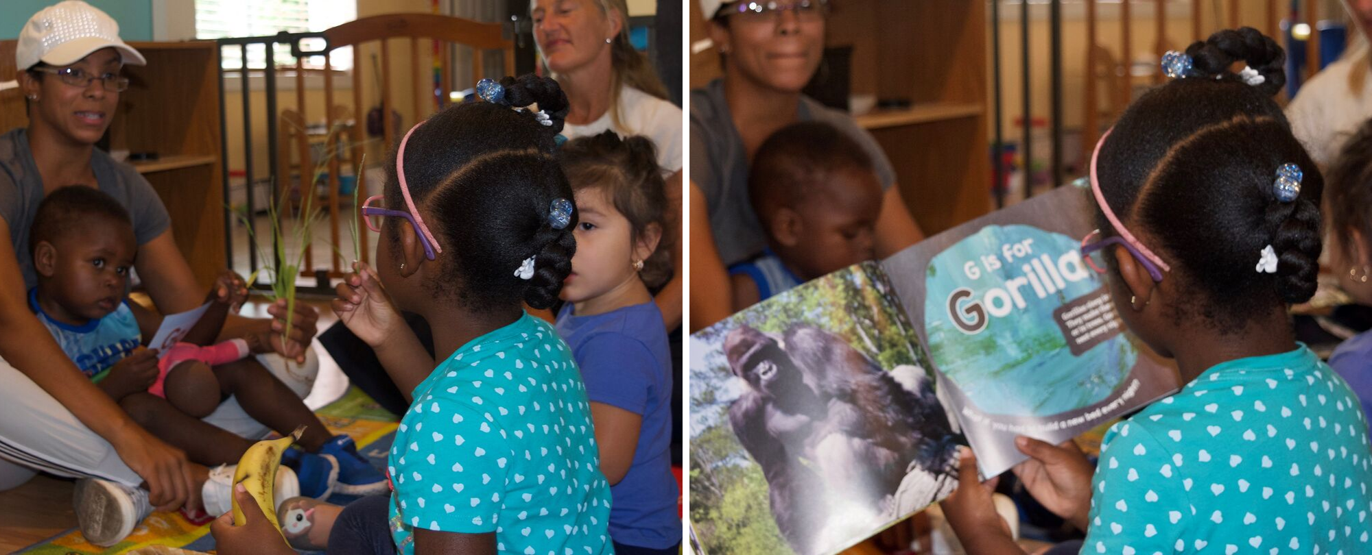 Left: Children pass around grass, an apple and a banana to better underscore the lesson about what gorillas eat. Right: A 5-year-old reads a book about gorillas aloud to the other children. (Emily Tate)