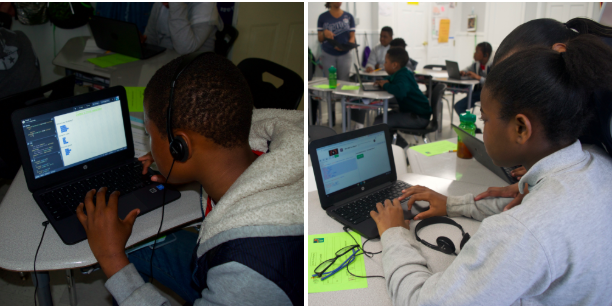 James Mills (left) and Kaiya Everett (right), two sixth grade students at DPA designing websites to host their original trivia games. (Emily Tate / EdSurge)