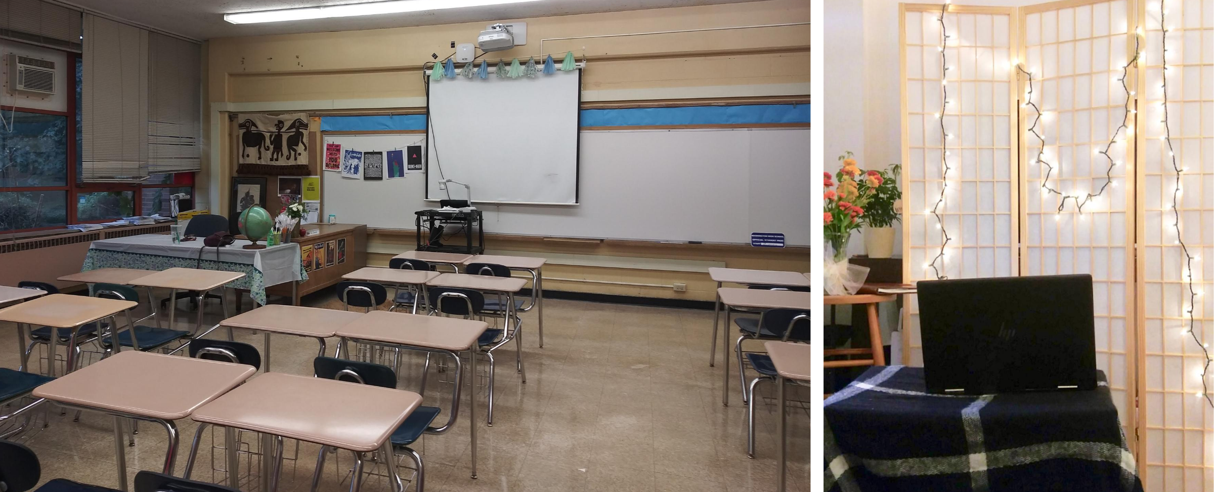 Left: Geri Zamora's classroom at George Washington High School, part of Chicago Public Schools. Right: Zamora's desk setup for remote teaching. (Courtesy of Geri Zamora)
