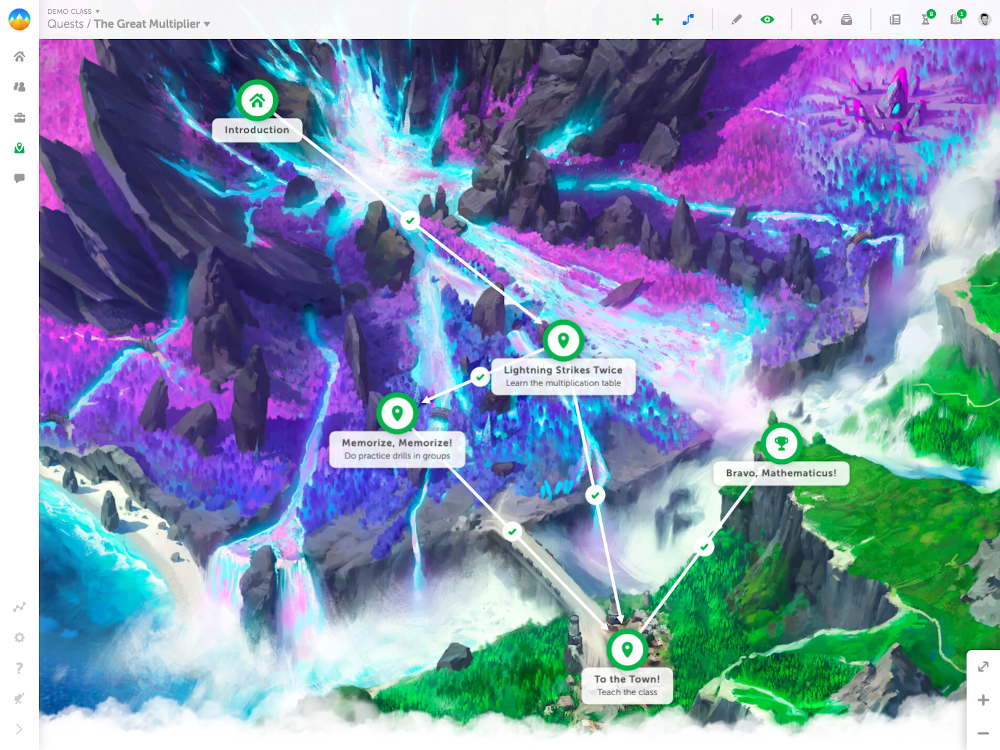 This map shows students' progress through the course, with lessons turned into quests fulfilled in exchange for points toward leveling up characters.