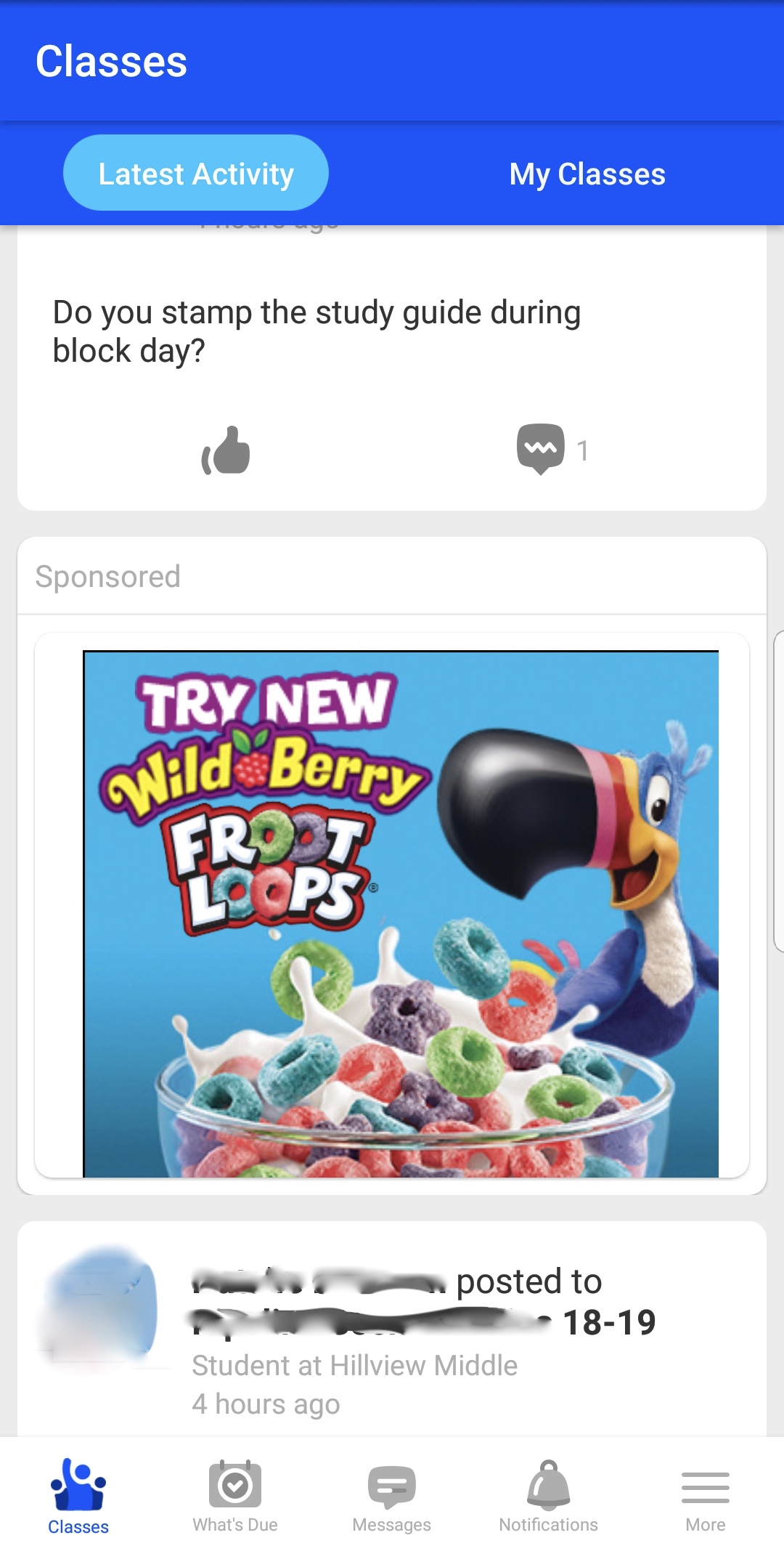 The Froot Loops ad that appeared in a 12-year-old student's Edmodo feed.