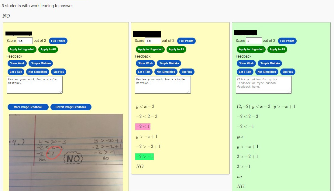 Wood leaves targeted feedback for several students who arrived at similar answers on this question. (Free Math)