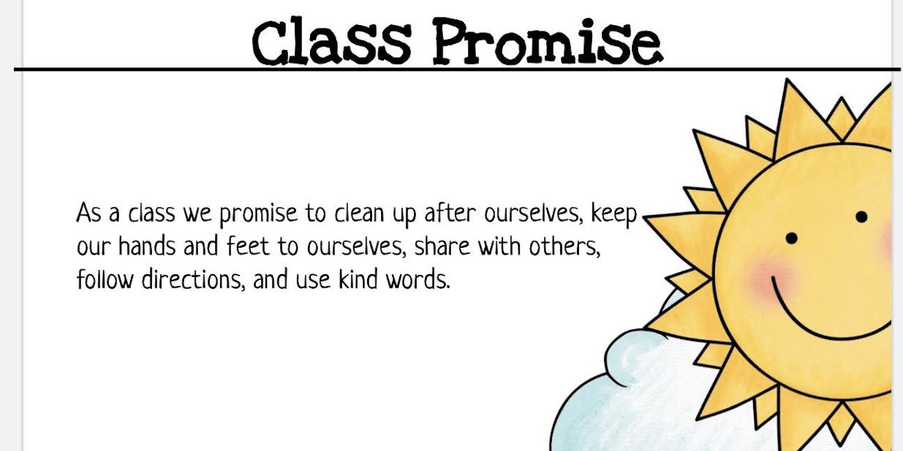 Second grade students in Merced Fletcher's second grade class jointly recite their class promise. A physical copy hangs in the classroom for in-person students and a digital copy is available for remote students. (Courtesy: Merced Fletcher)