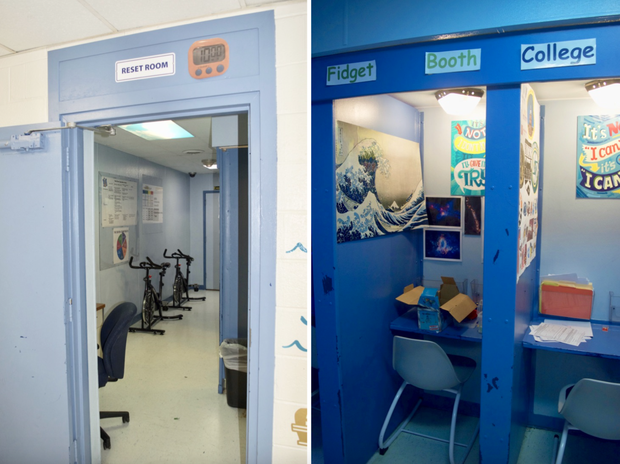 Left: The Reset Room at Valley Day School includes two stationary exercise bikes. Right: The Fidget Booth and College Booth inside the Reset Room. (Emily Tate / EdSurge)
