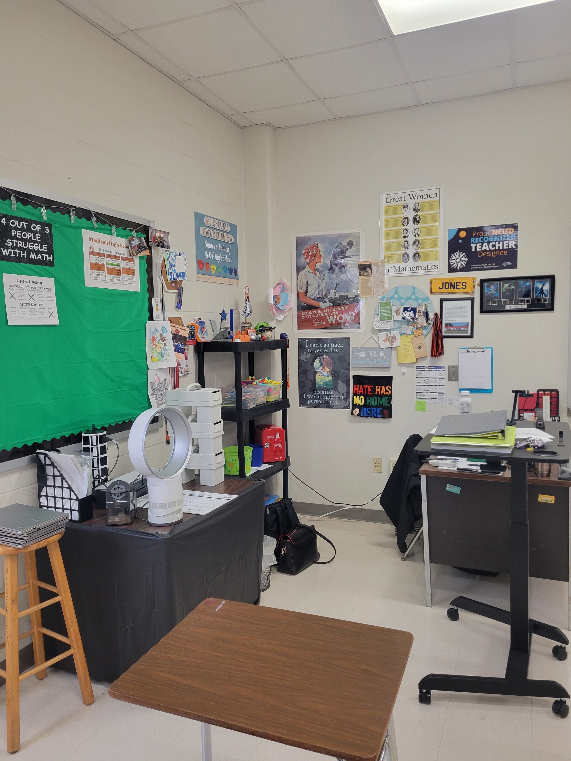 April Jones' classroom this fall features several posters. The bottom of the "Hate Has No Home Here" banner is hidden from view. Image courtesy of April Jones.