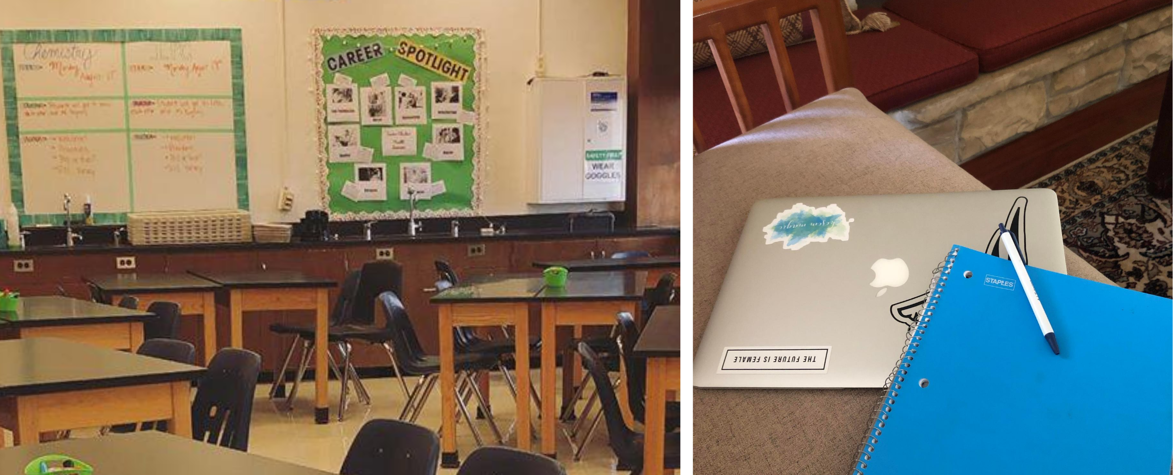 Left: Ranjini Nagaraj's classroom in Fort Worth, Texas before her school closed. Right: Nagaraj’s remote teaching setup at home. (Courtesy of Ranjini Nagaraj)