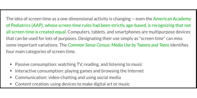 Four main categories of screen time, Image Credit: Common Sense Media