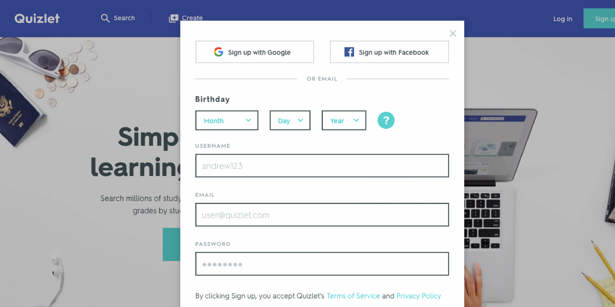Screenshot of Quizlet homepage on 04/10/2018.